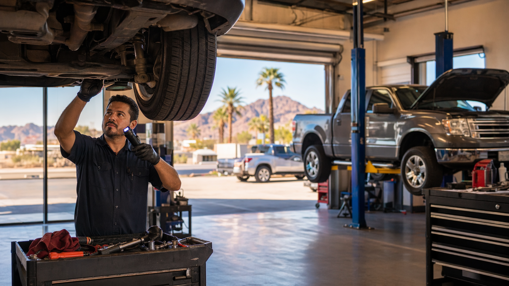 Auto repair technician inspecting a vehicle in a clean Phoenix repair bay